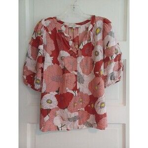LOFT poppy print boho peasant blouse XS no collar gauzy short sl. work or play